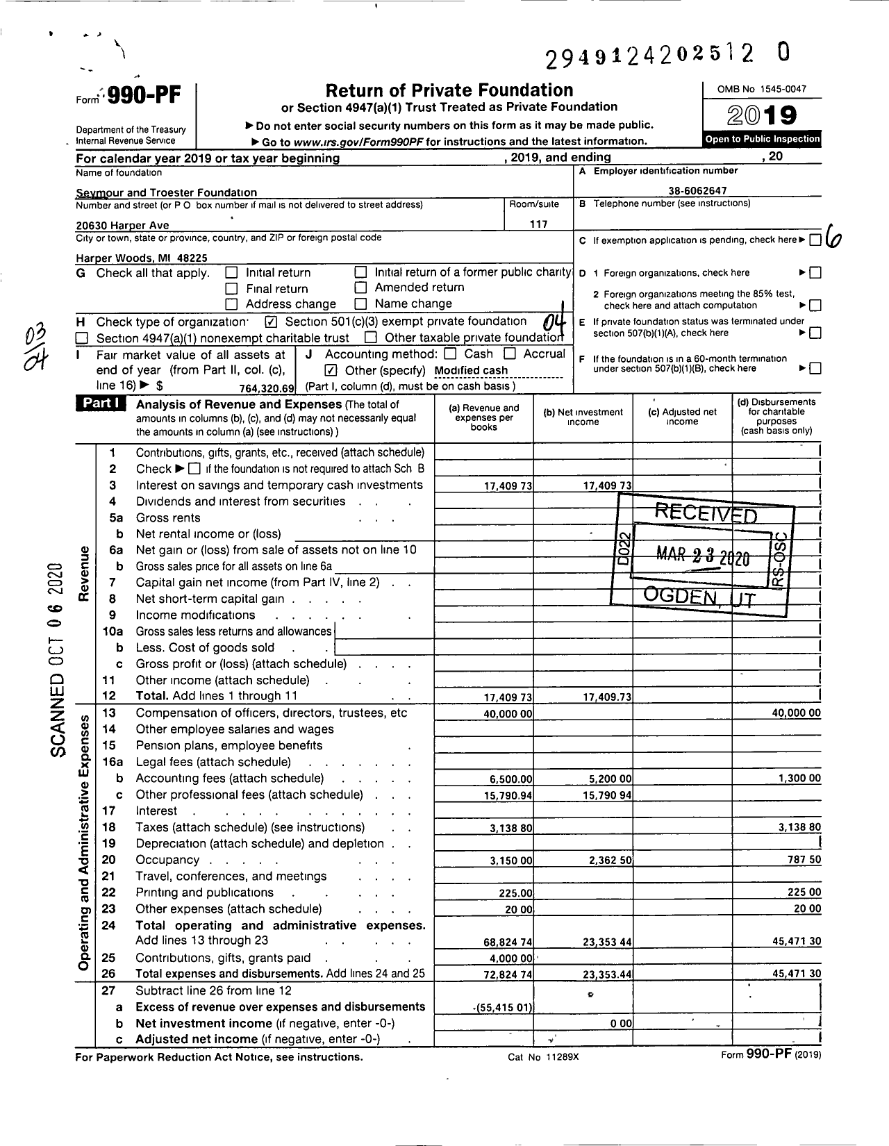 Image of first page of 2019 Form 990PR for Seymour and Troester Foundation