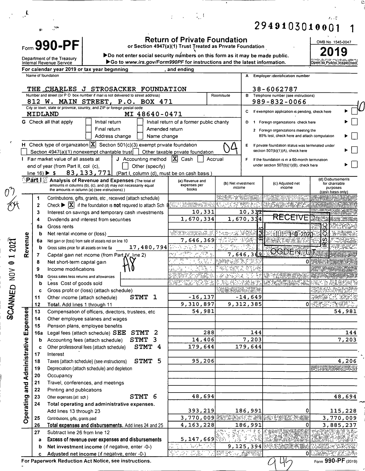 Image of first page of 2019 Form 990PF for Charles J Strosacker Foundation