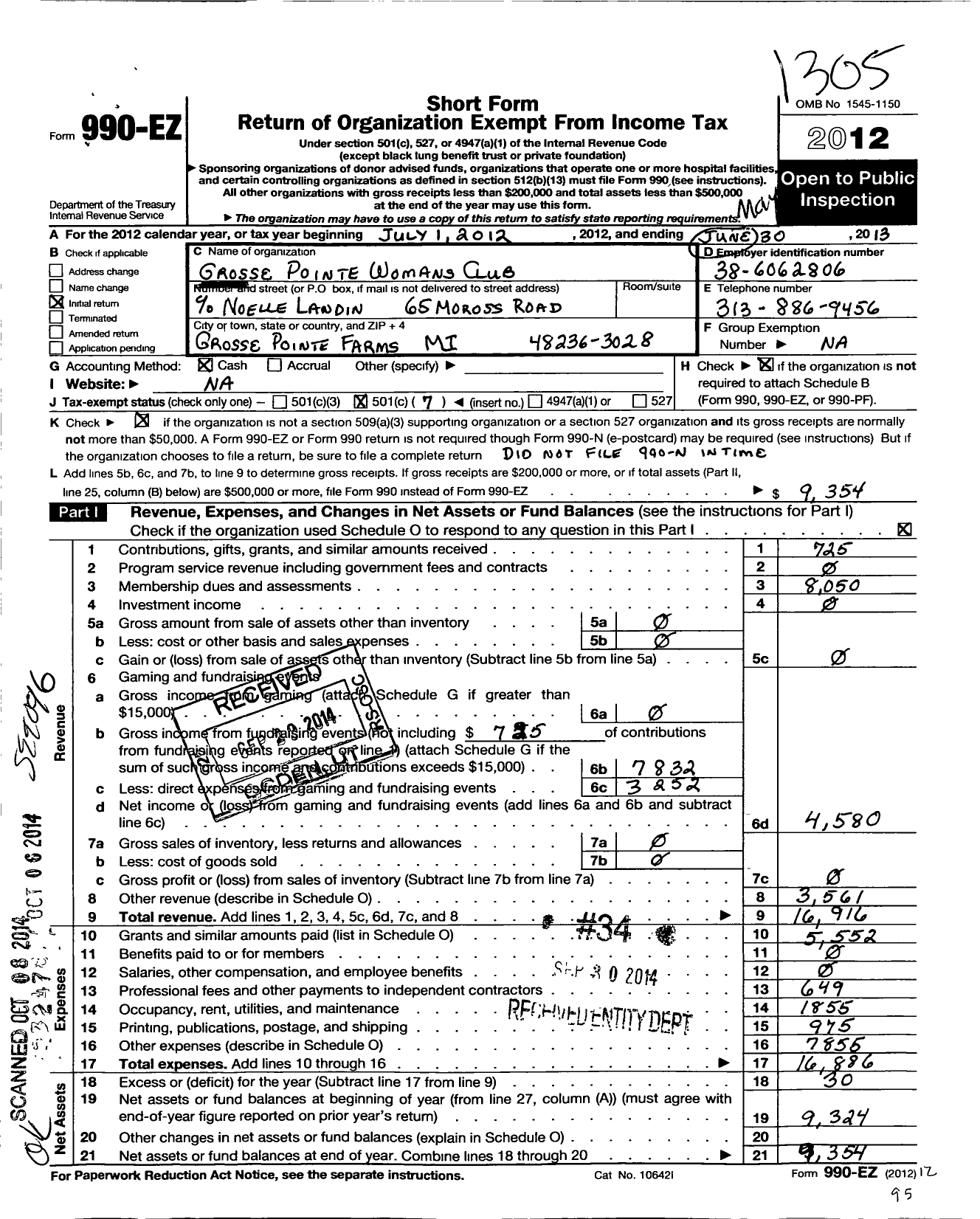 Image of first page of 2012 Form 990EO for Grosse Pointe Womans Club