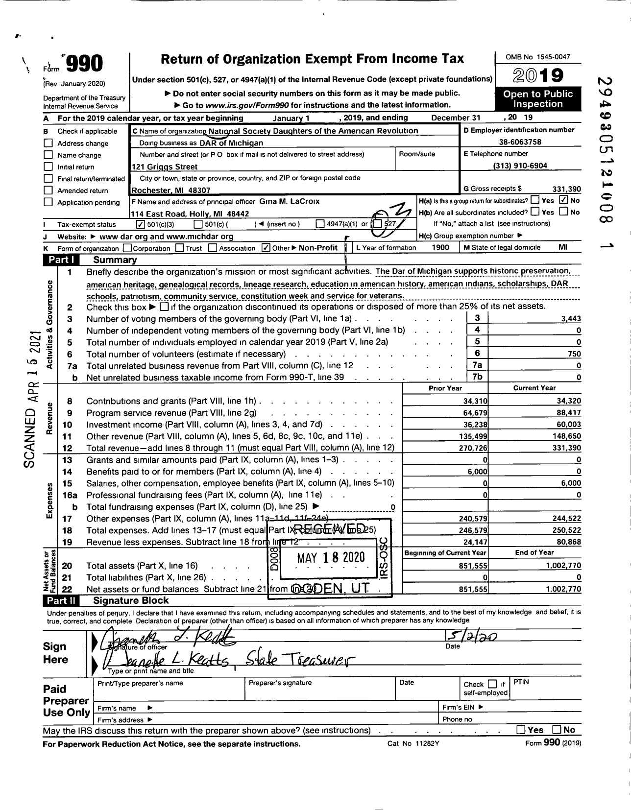 Image of first page of 2019 Form 990 for Daughters of the American Revolution - DAR of Michigan