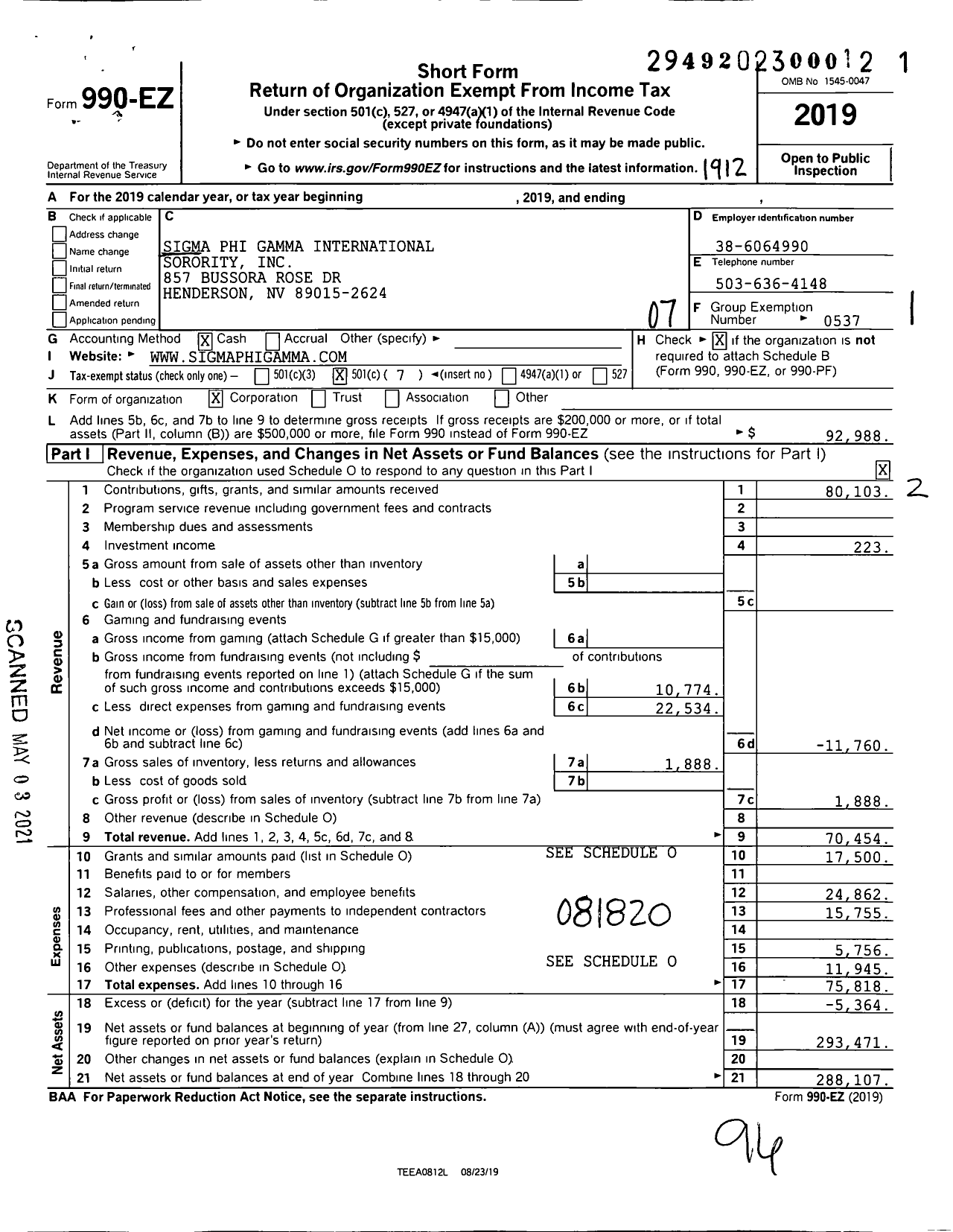 Image of first page of 2019 Form 990EO for Sigma Phi Gamma International Sorority