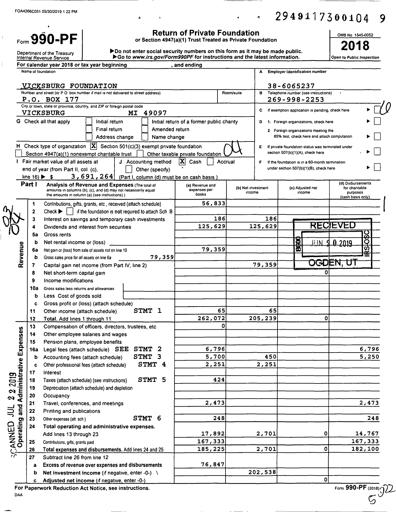 Image of first page of 2018 Form 990PF for Vicksburg Foundation