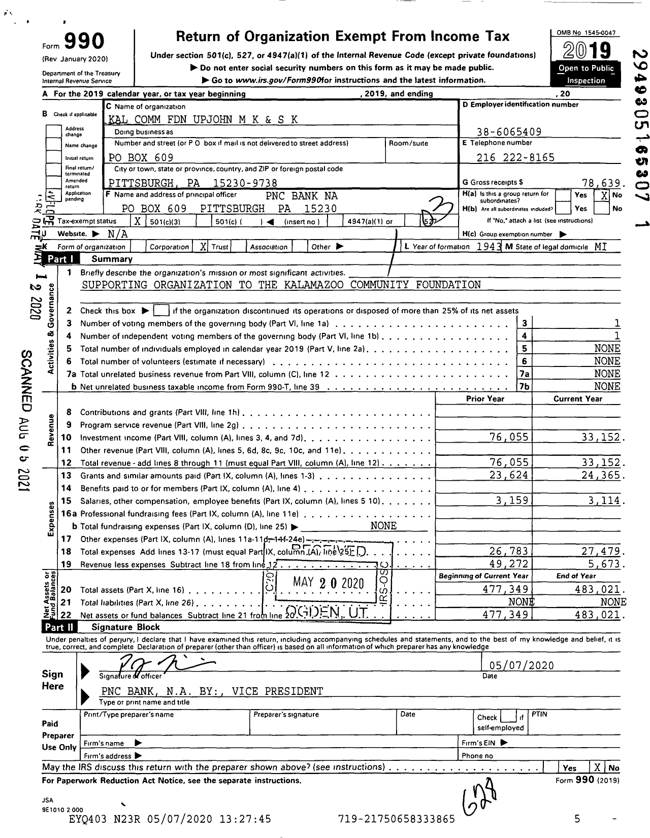 Image of first page of 2019 Form 990 for Kal Comm Foundation Upjohn M K and S K