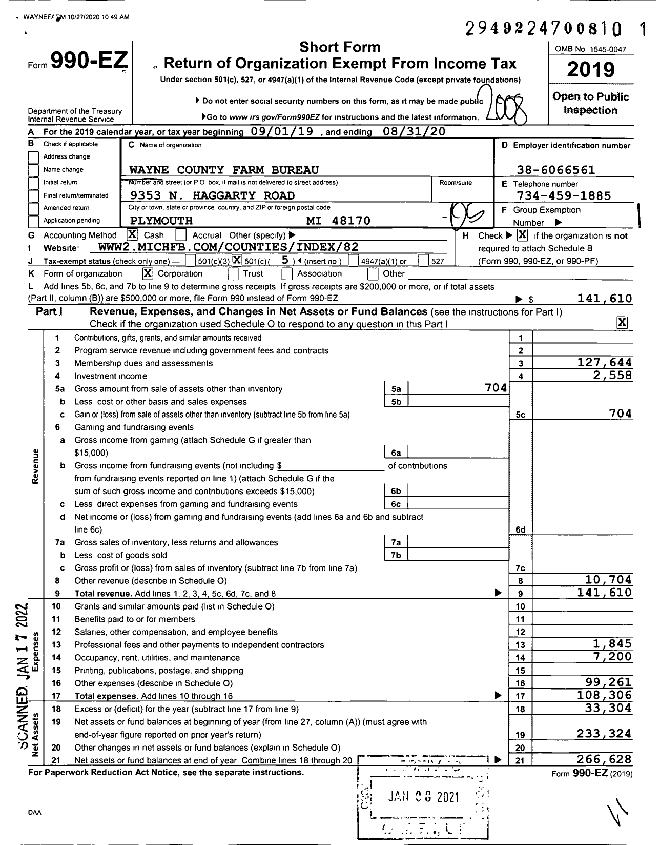 Image of first page of 2019 Form 990EO for Wayne County Farm Bureau