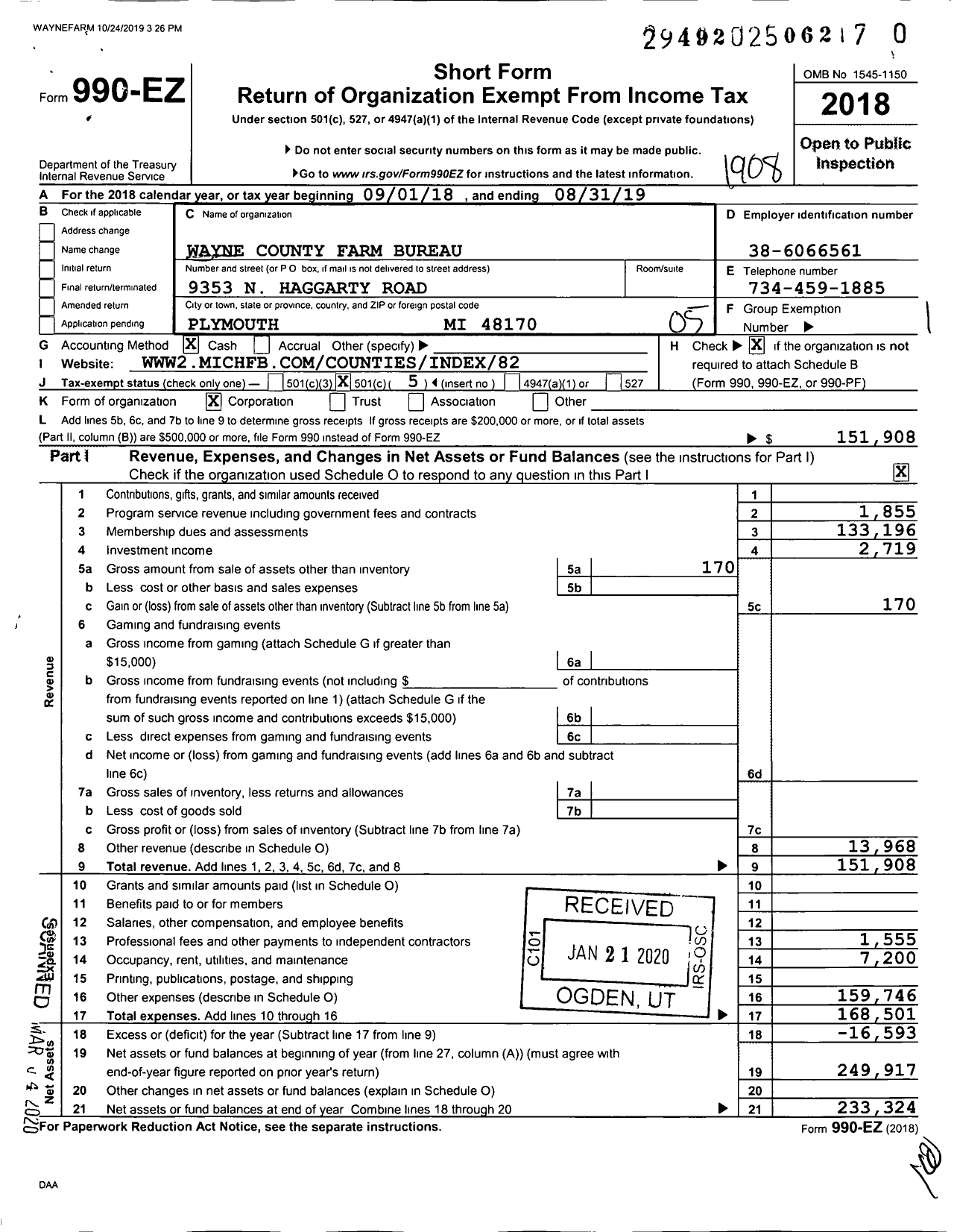 Image of first page of 2018 Form 990EO for Wayne County Farm Bureau