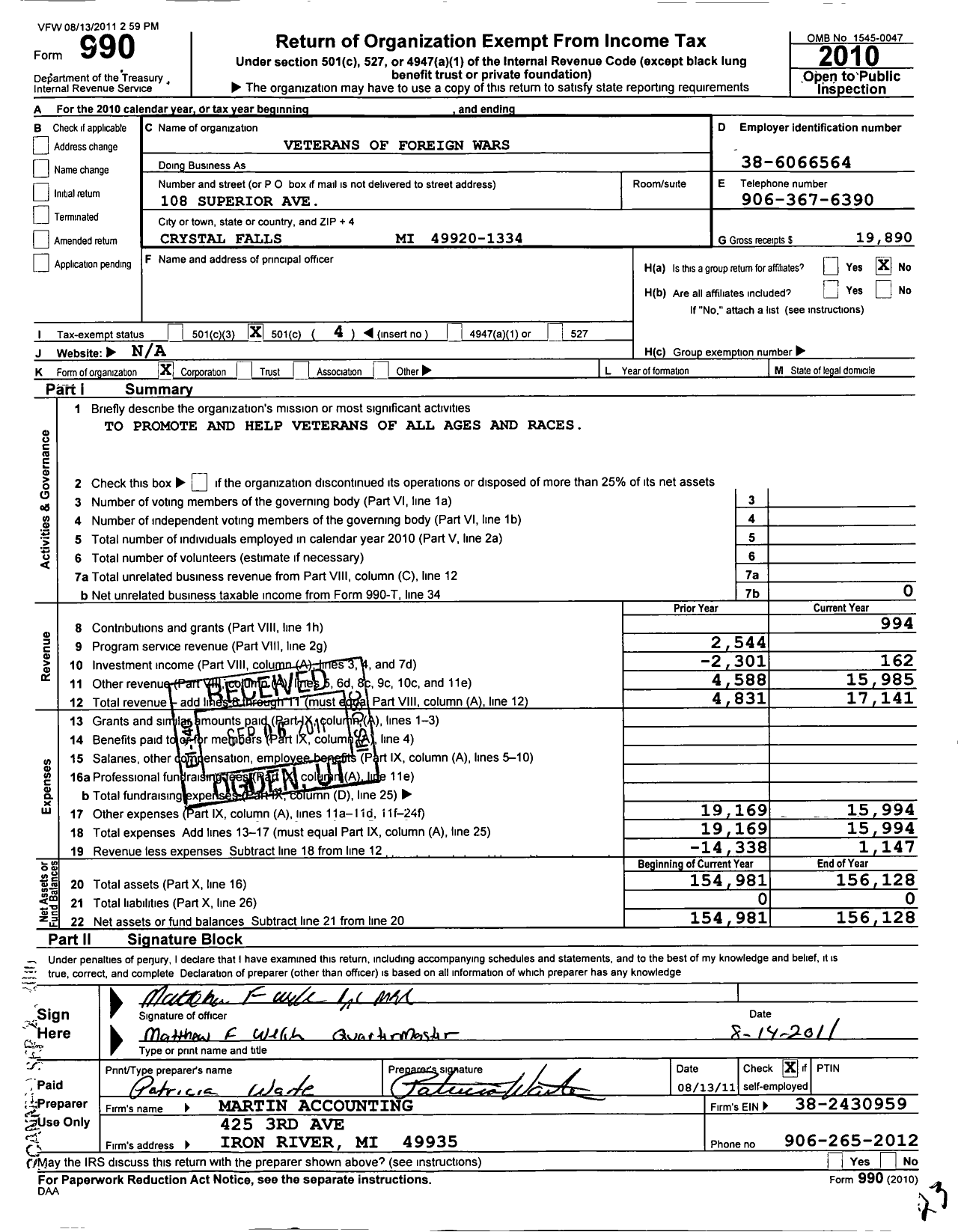 Image of first page of 2010 Form 990O for VFW Department of Michigan - Dist 15 2891 Tufts Rondon