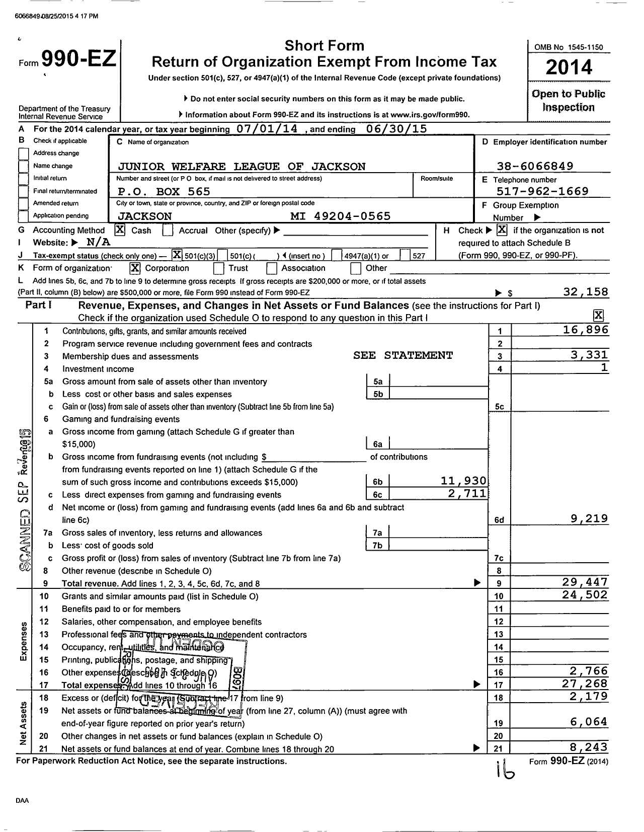Image of first page of 2014 Form 990EZ for Junior Welfare League of Jackson