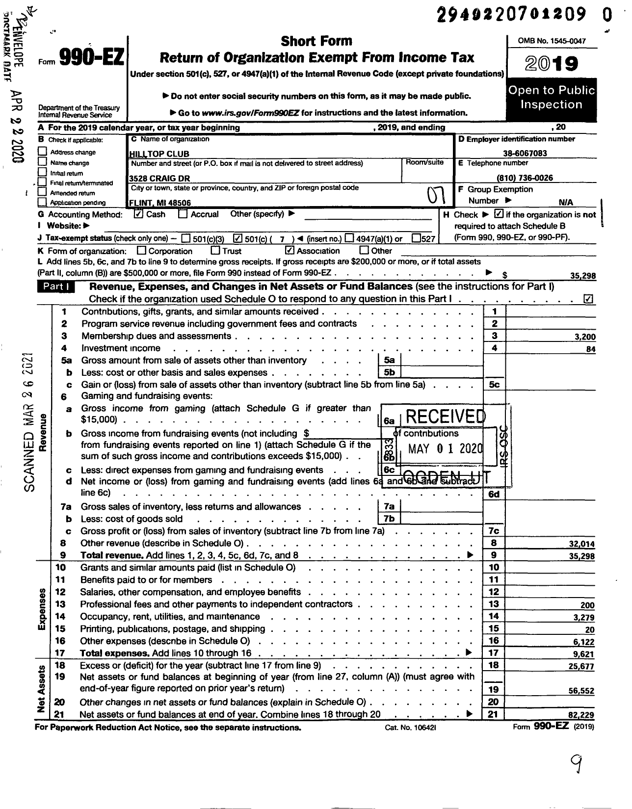 Image of first page of 2019 Form 990EO for Hilltop Club