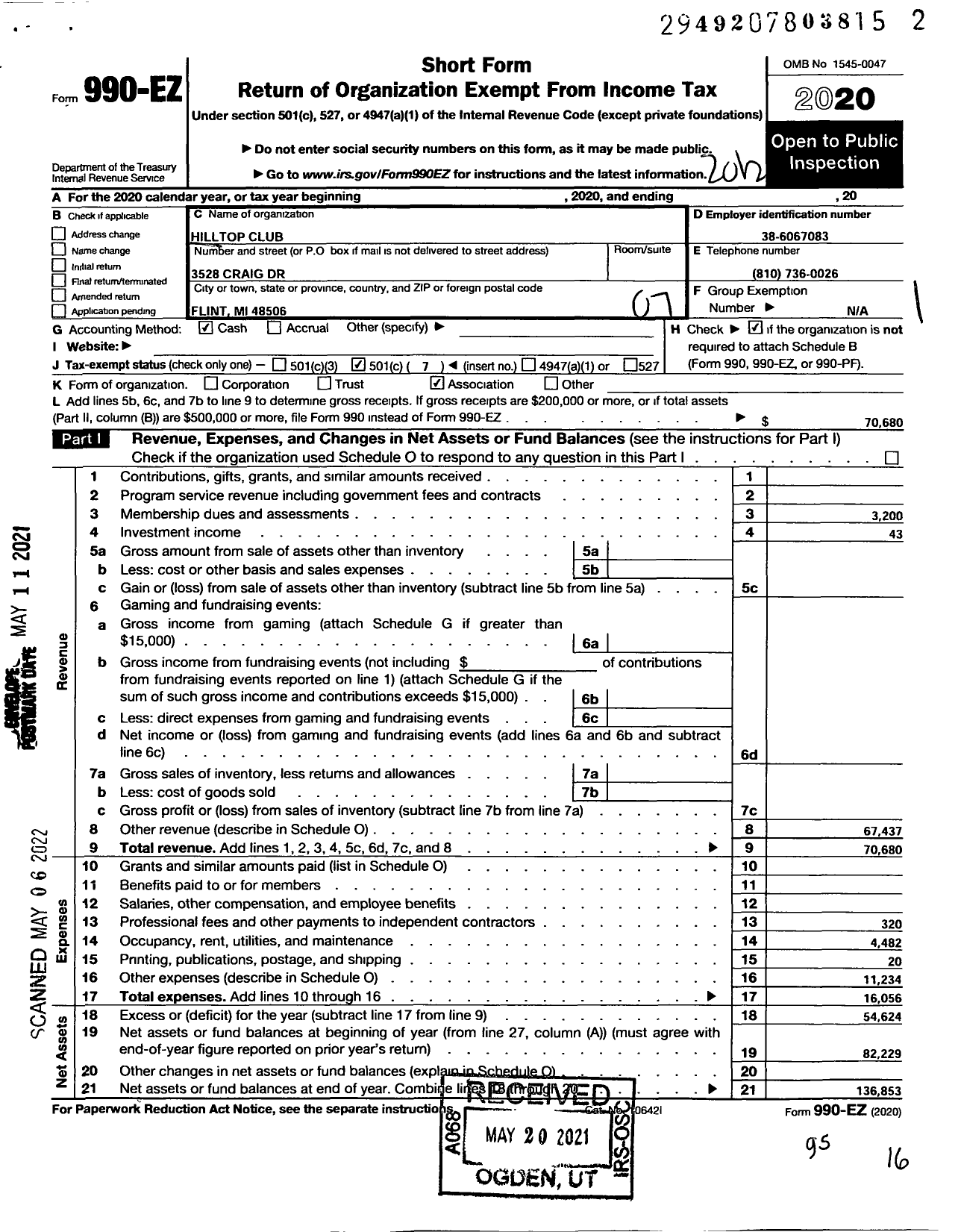 Image of first page of 2020 Form 990EO for Hilltop Club