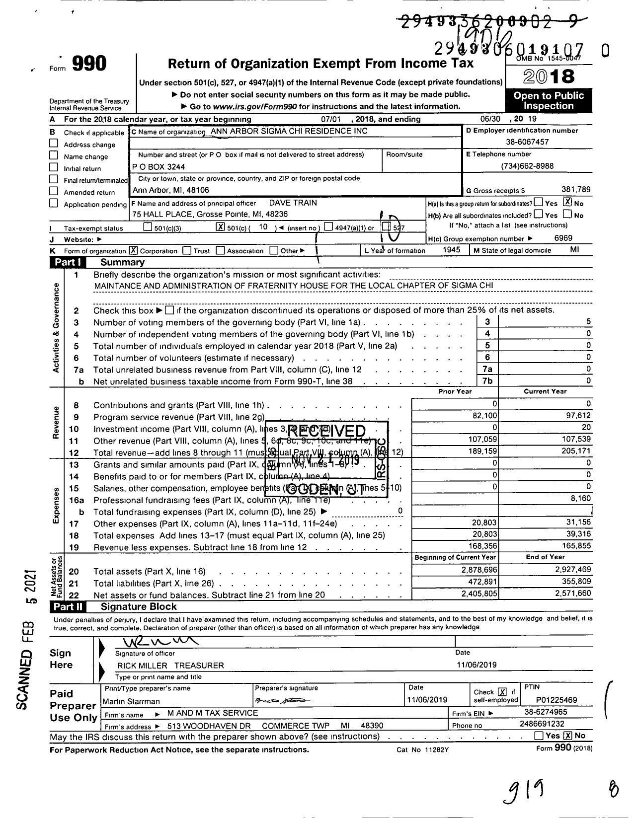 Image of first page of 2018 Form 990O for Ann Arbor Sigma Chi Residence