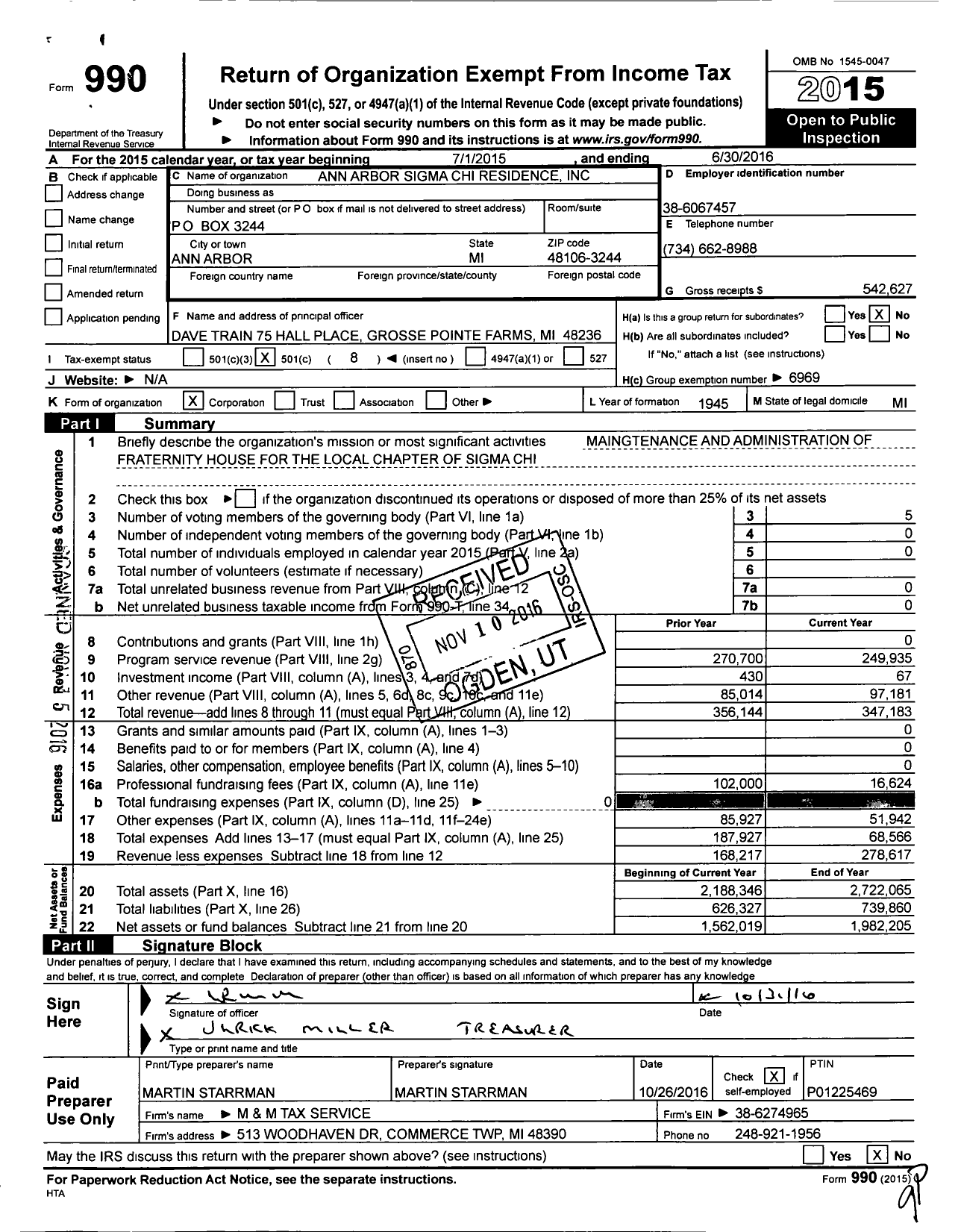 Image of first page of 2015 Form 990O for Ann Arbor Sigma Chi Residence