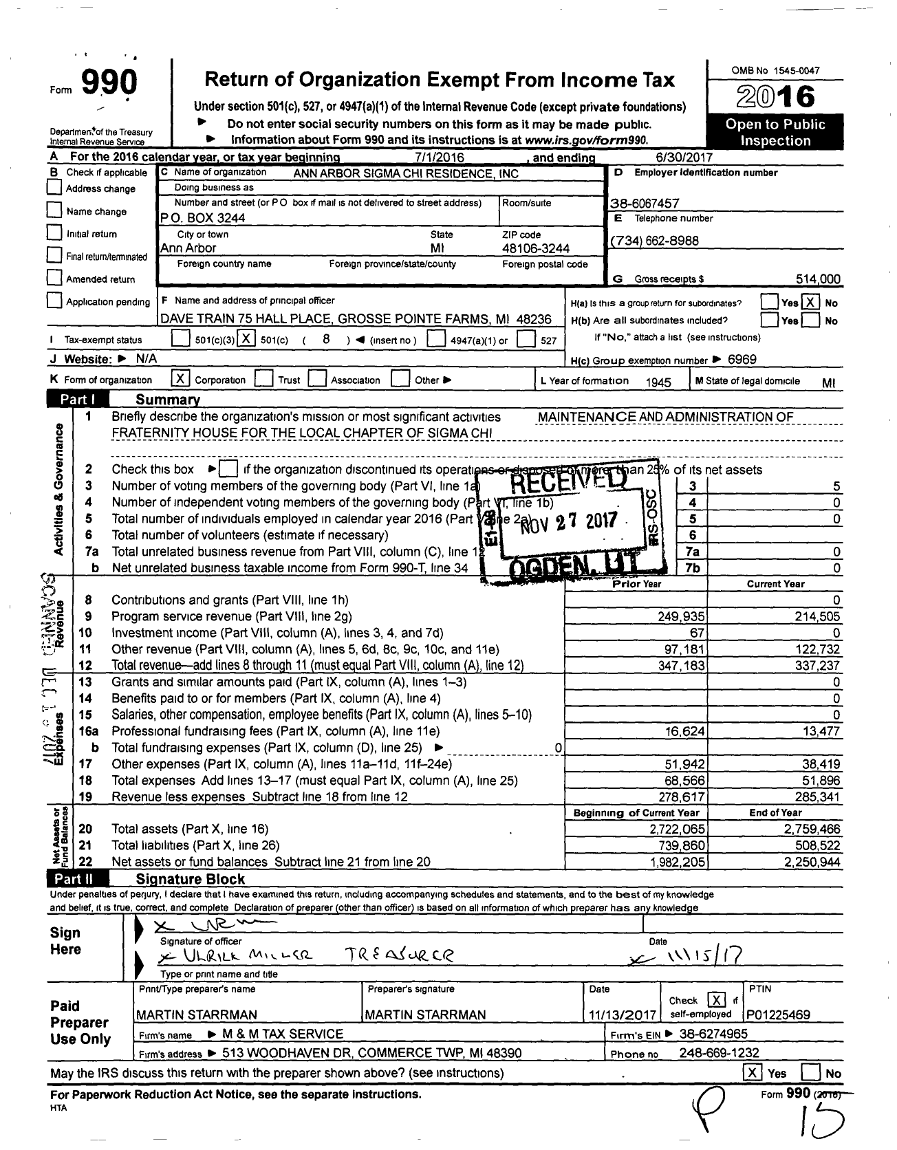 Image of first page of 2016 Form 990O for Ann Arbor Sigma Chi Residence