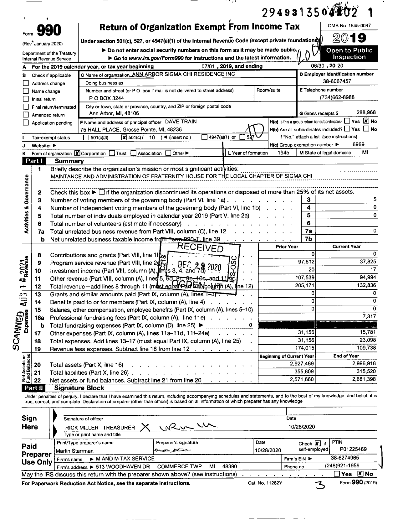 Image of first page of 2019 Form 990O for Ann Arbor Sigma Chi Residence