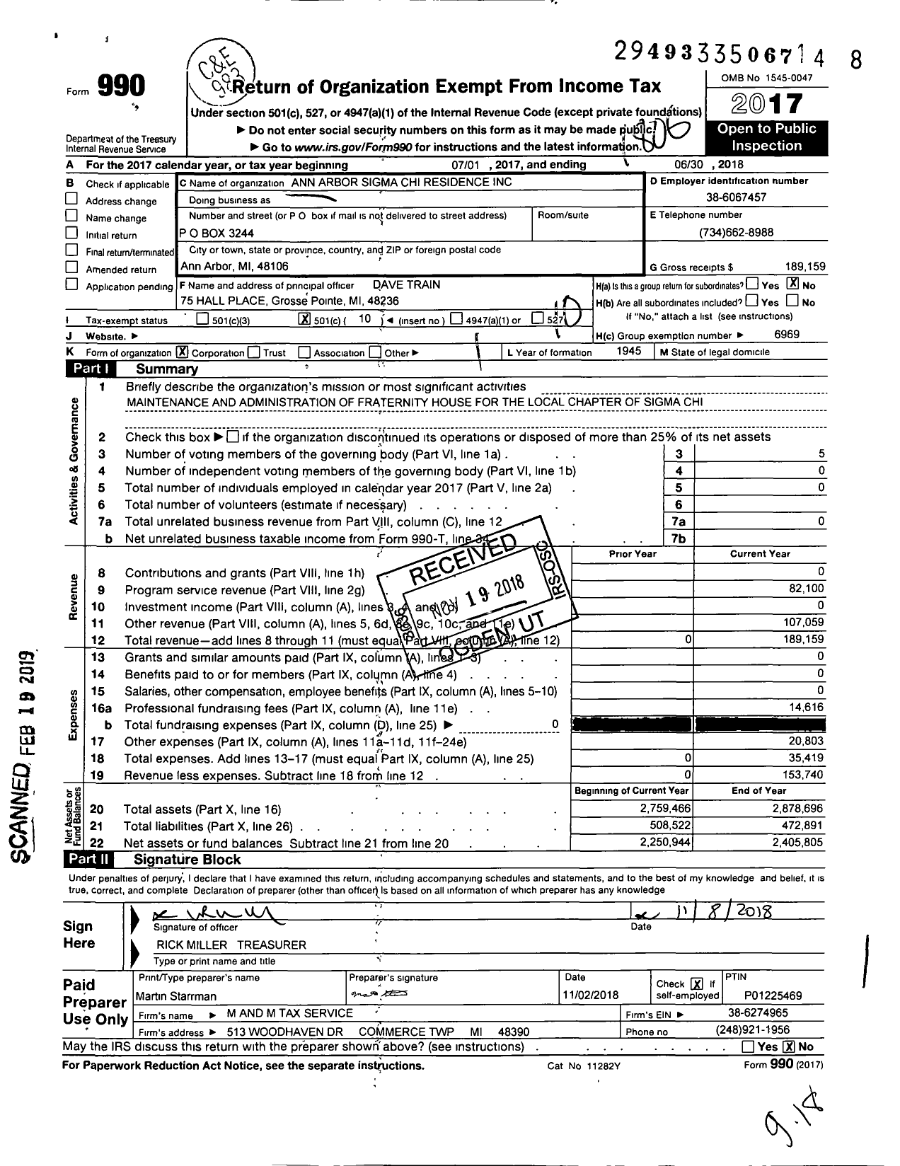 Image of first page of 2017 Form 990O for Ann Arbor Sigma Chi Residence