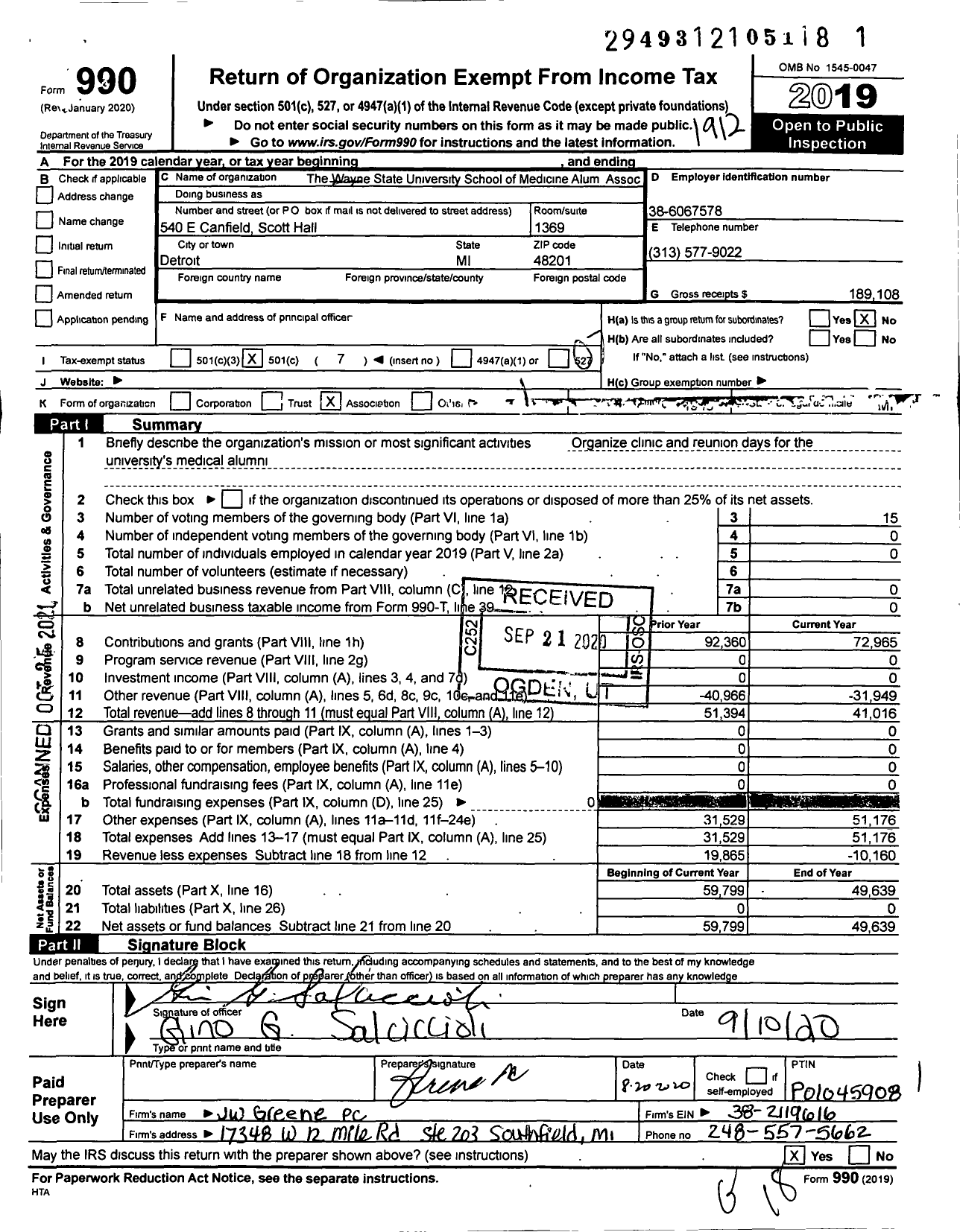 Image of first page of 2019 Form 990O for The Wayne State University School of Medicine Alumni Association