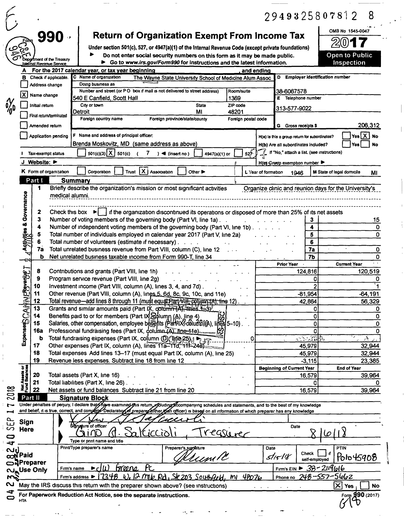 Image of first page of 2017 Form 990O for The Wayne State University School of Medicine Alumni Association