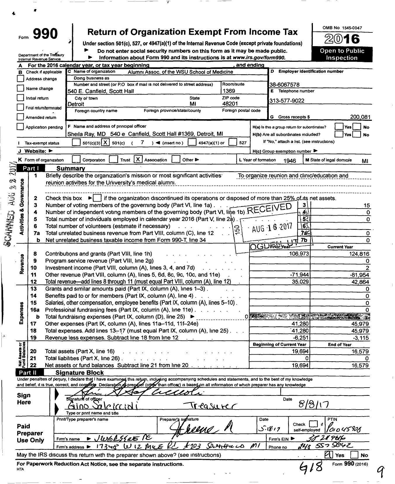 Image of first page of 2016 Form 990O for The Wayne State University School of Medicine Alumni Association