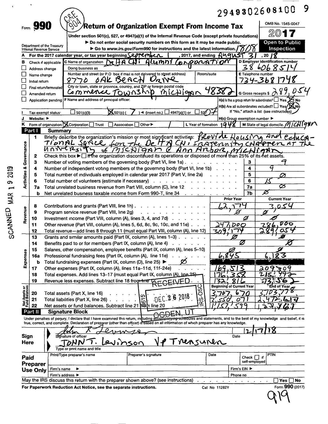 Image of first page of 2017 Form 990O for Delta Chi Alumni Corporation