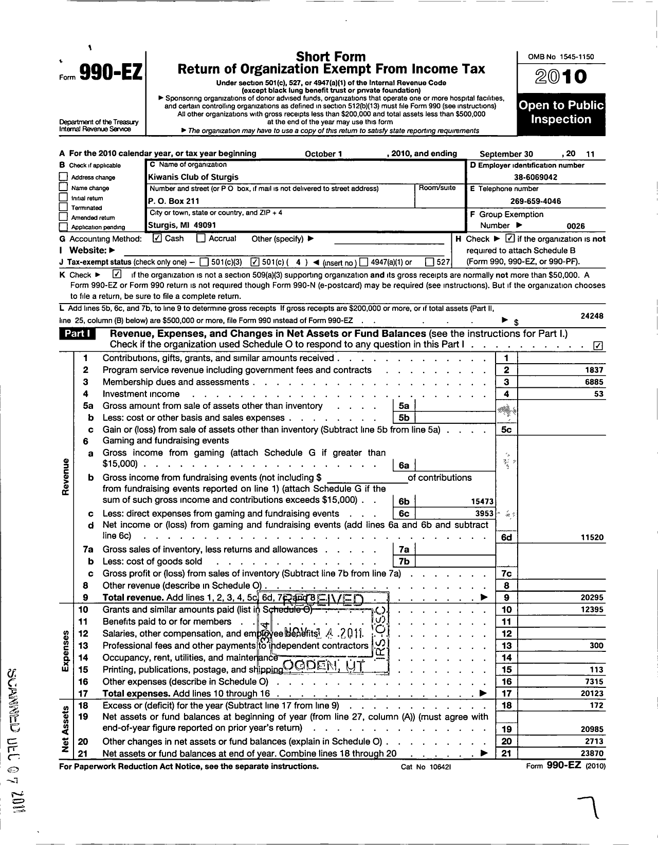 Image of first page of 2009 Form 990EO for Kiwanis International - K02337 Sturgis