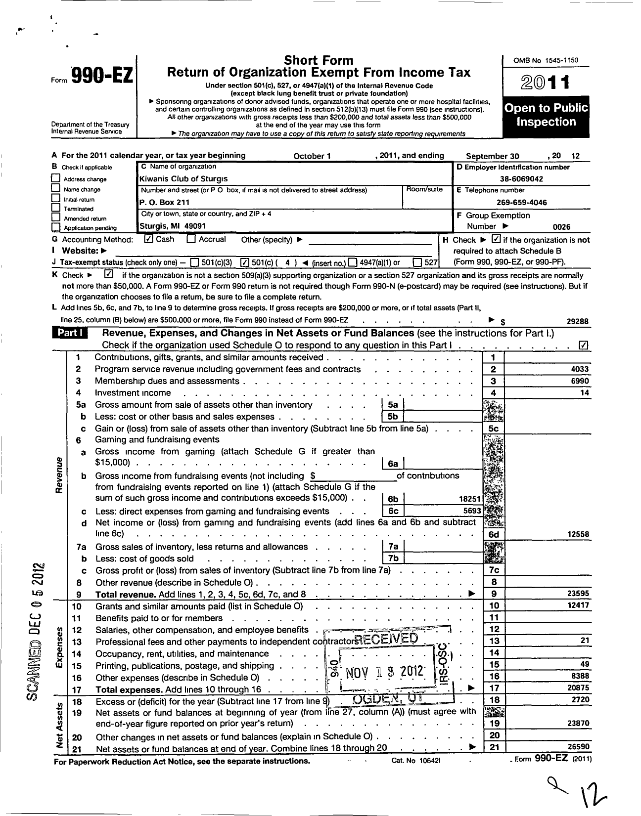 Image of first page of 2011 Form 990EO for Kiwanis International - K02337 Sturgis