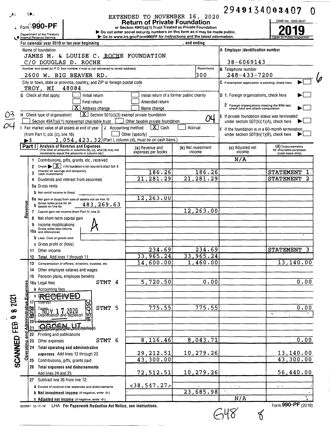 Image of first page of 2019 Form 990PF for James M and Louise C Roche Foundation