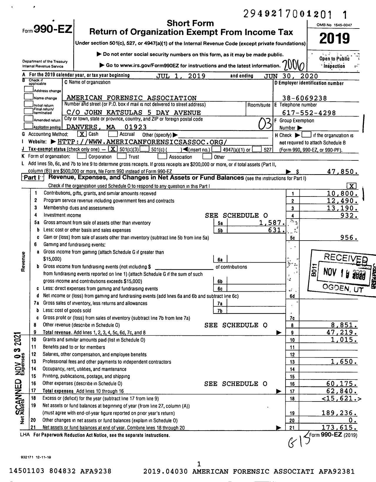 Image of first page of 2019 Form 990EZ for American Forensic Association