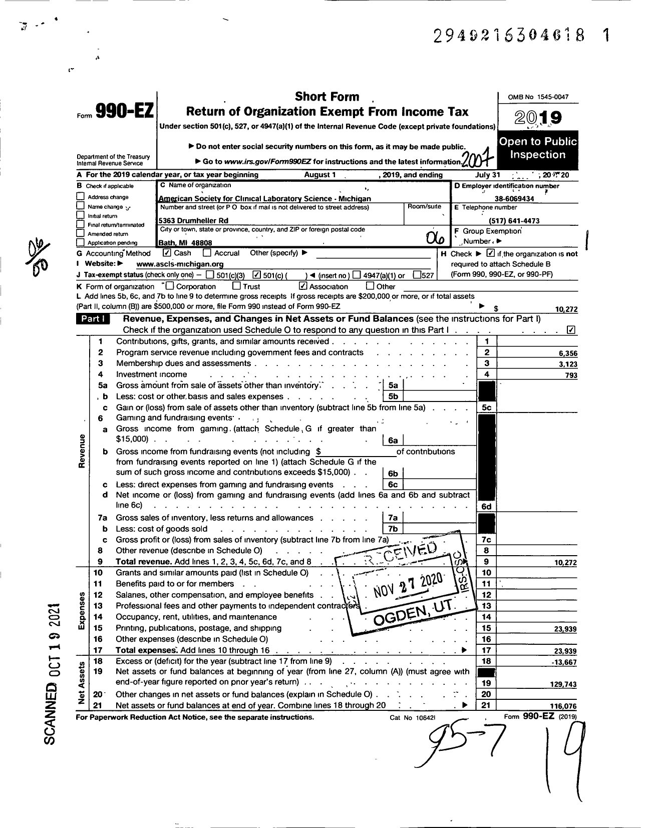 Image of first page of 2019 Form 990EO for American Society for Clinical Laboratory Science / Michigan Society for Clinical Lab