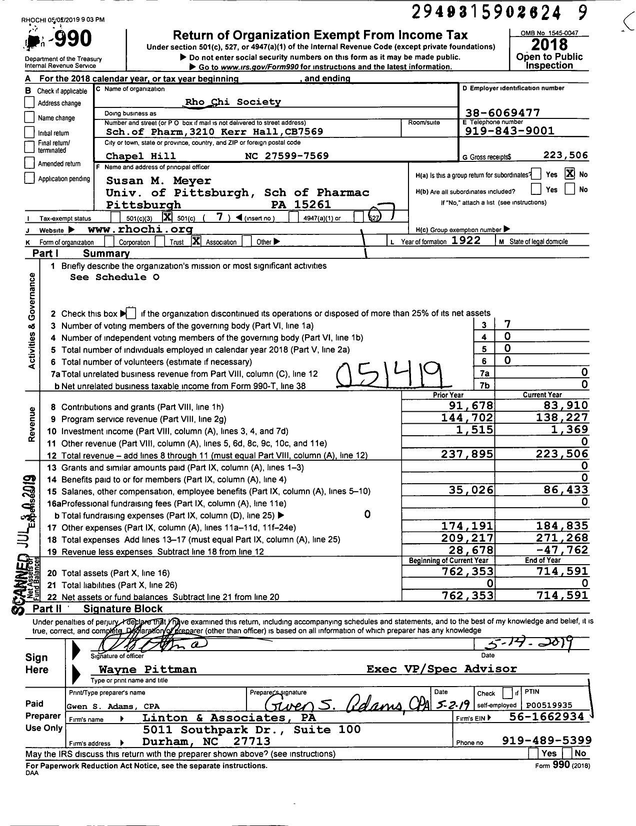 Image of first page of 2018 Form 990O for Rho Chi Society School of Pharmacy