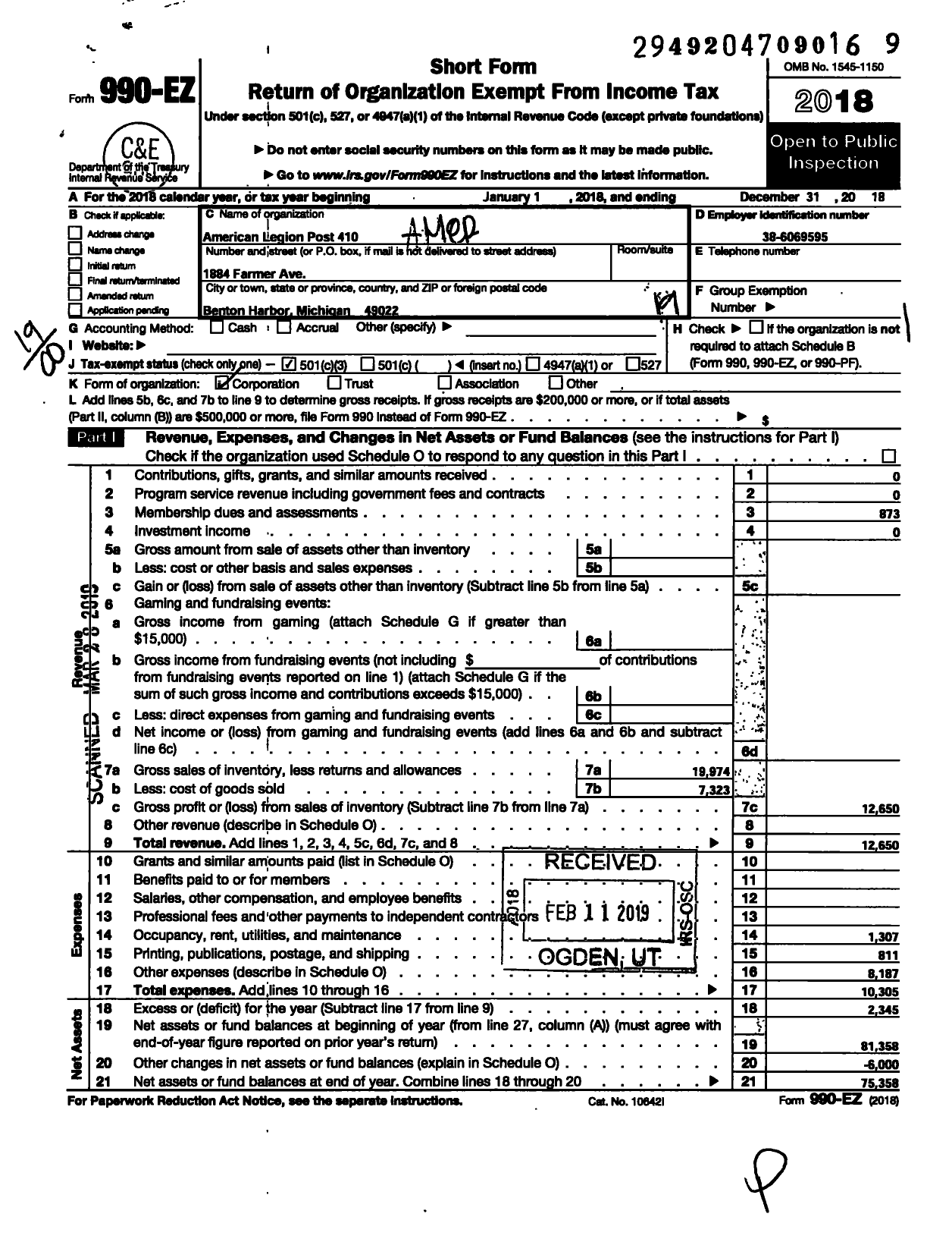 Image of first page of 2018 Form 990EO for American Legion Post 410 / 0410 Dorie Miller Inc