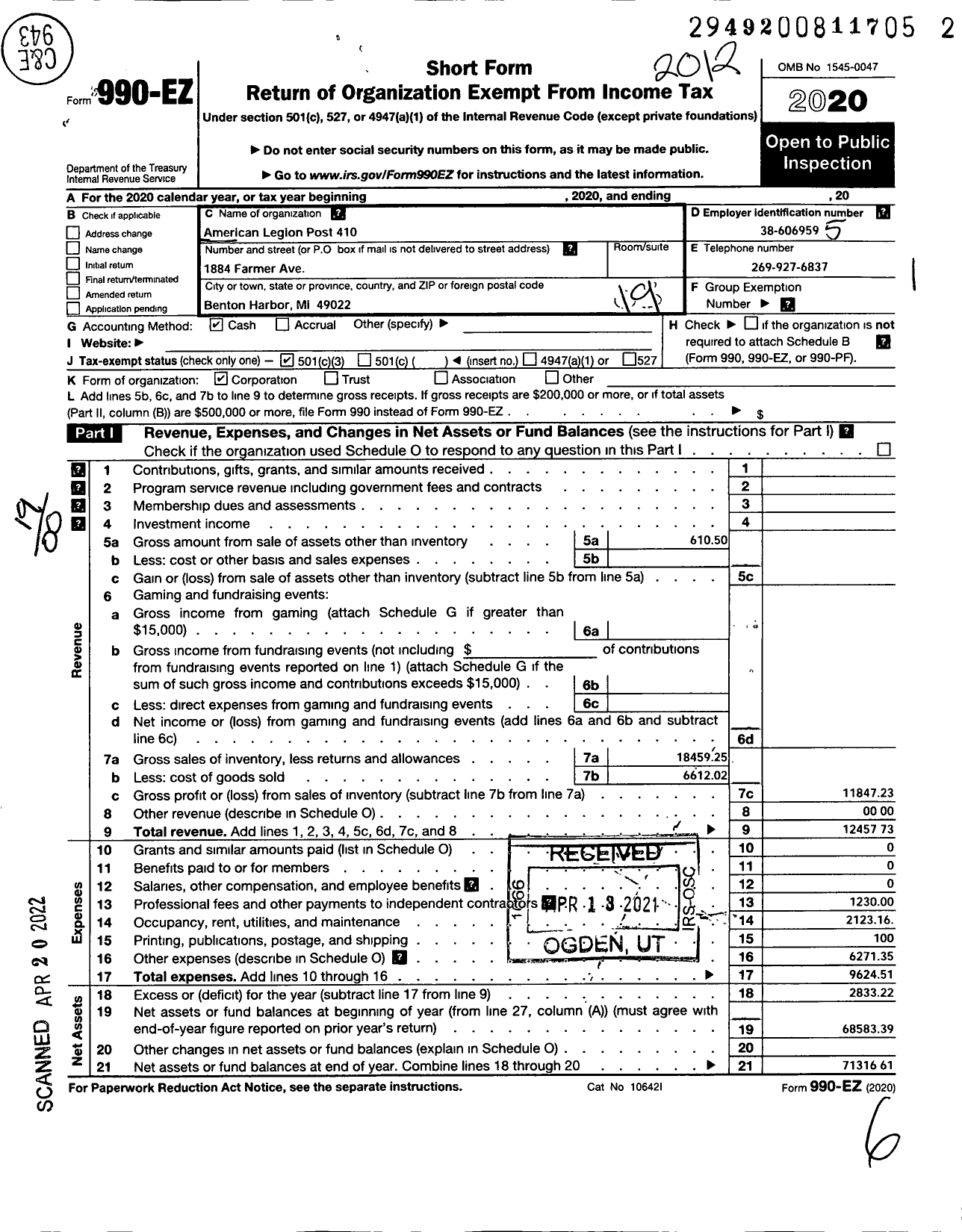 Image of first page of 2020 Form 990EO for American Legion Post 410