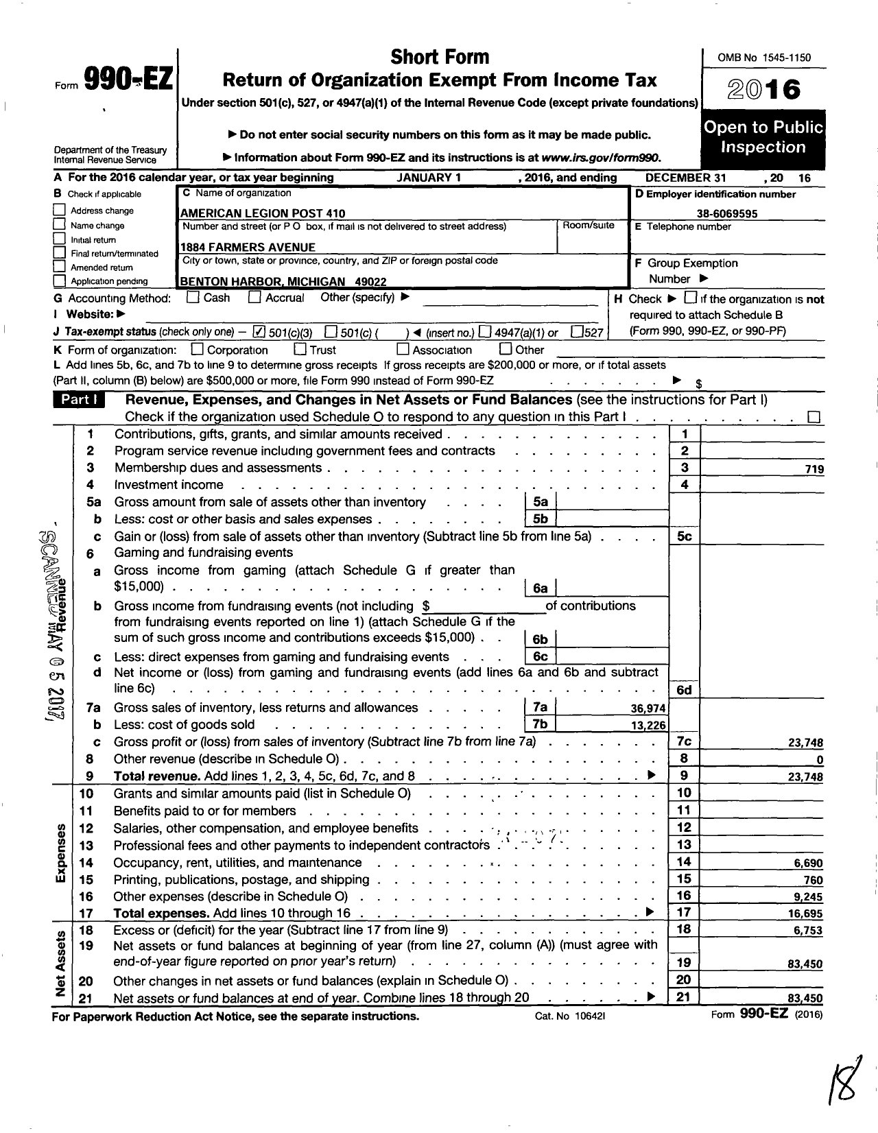 Image of first page of 2016 Form 990EZ for American Legion Post 410 / 0410 Dorie Miller Inc