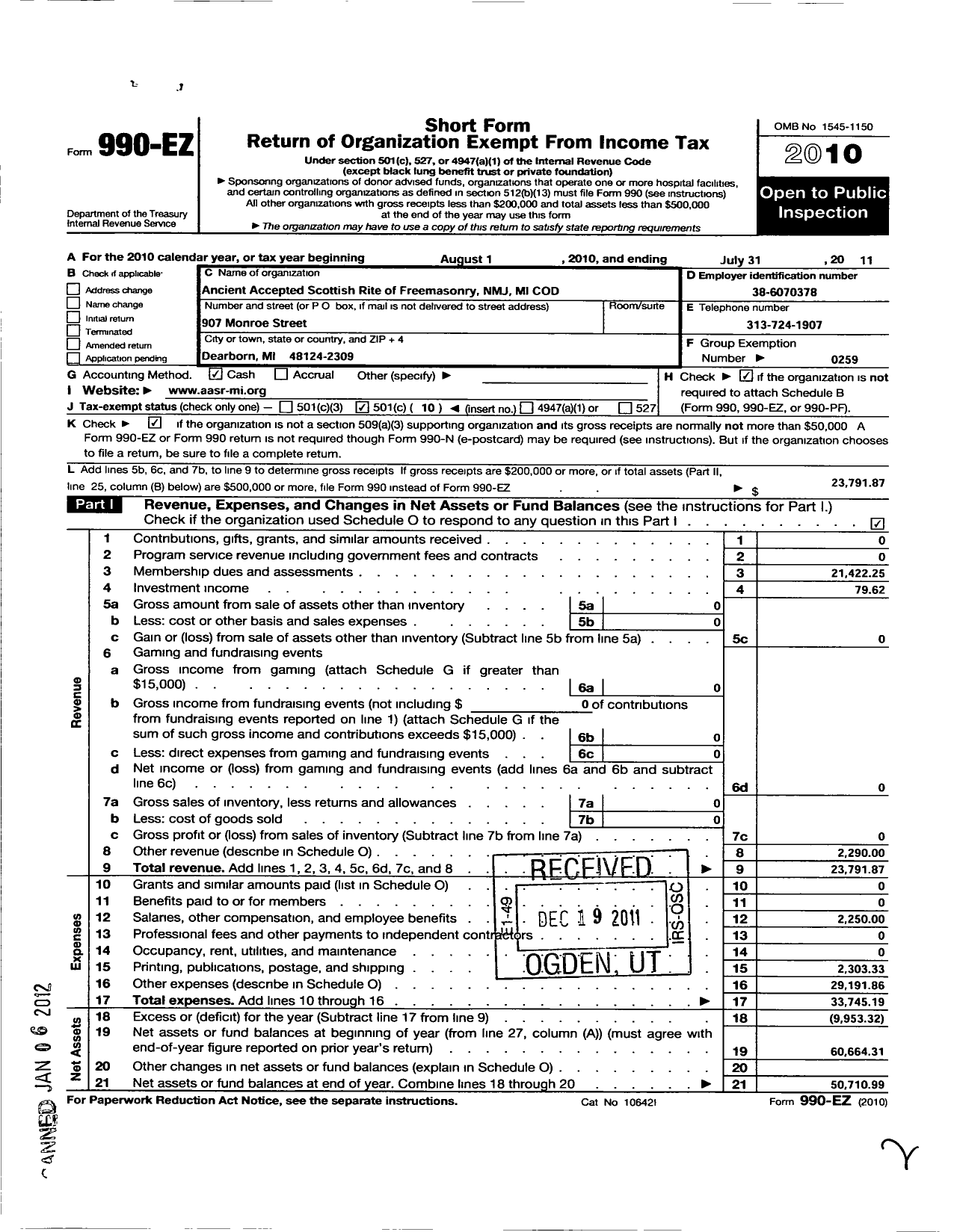 Image of first page of 2010 Form 990EO for Scottish Rite, NMJ - Michigan Council of Deliberation