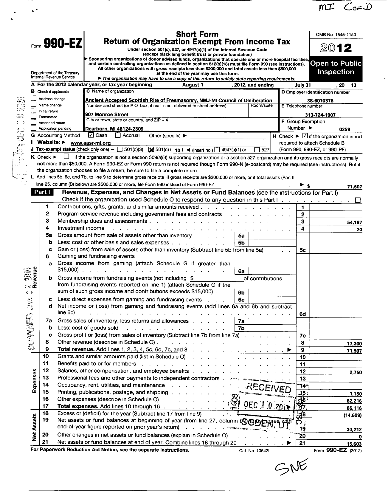 Image of first page of 2012 Form 990EO for Scottish Rite, NMJ - Michigan Council of Deliberation