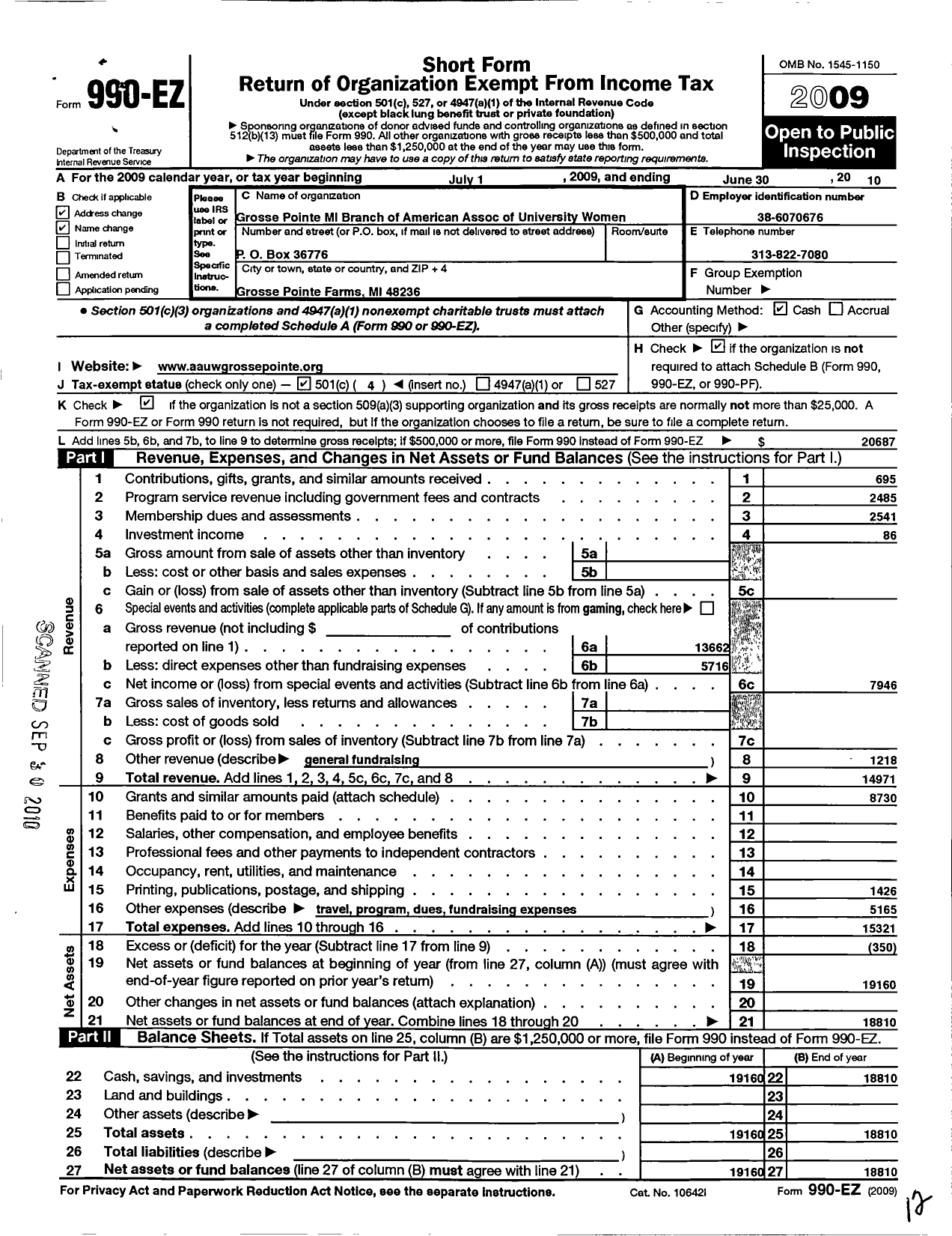 Image of first page of 2009 Form 990EO for American Association of University Women / Grosse Pointe Branch