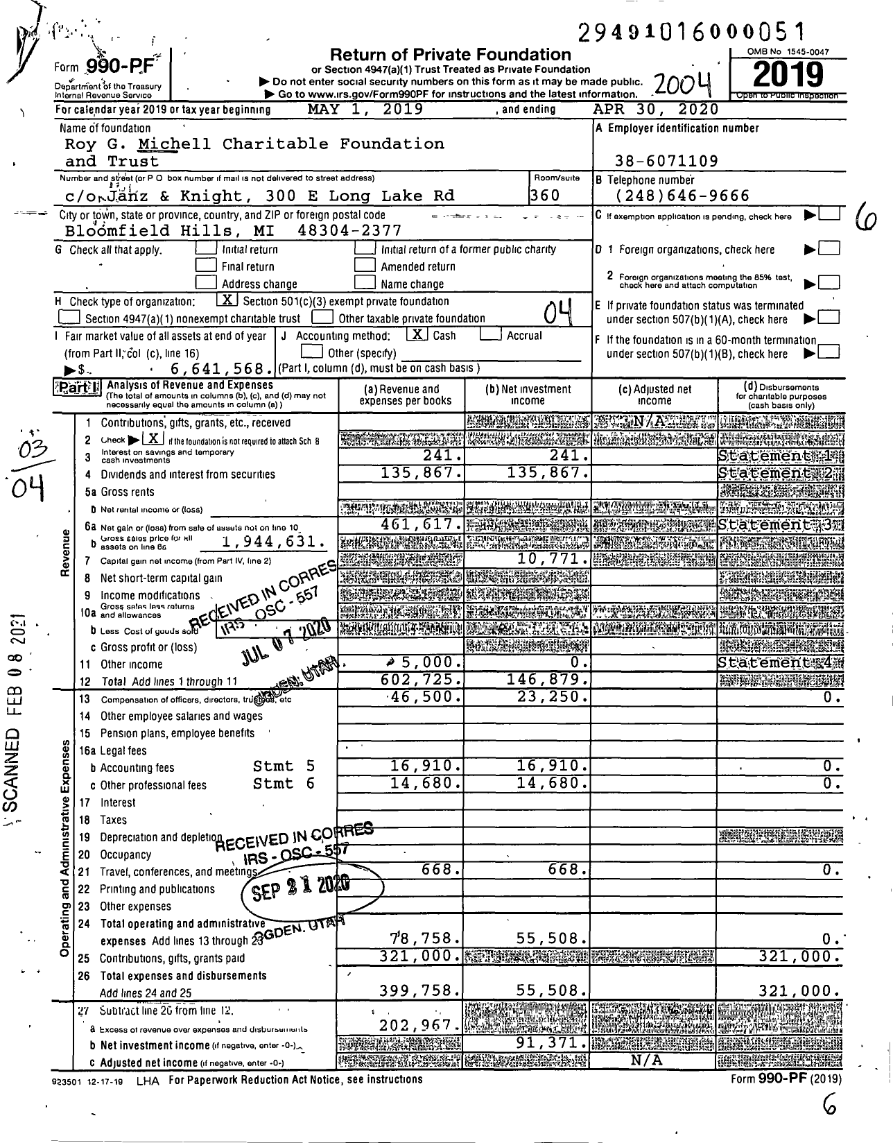 Image of first page of 2019 Form 990PF for Roy G Michell Charitable Foundation and Trust