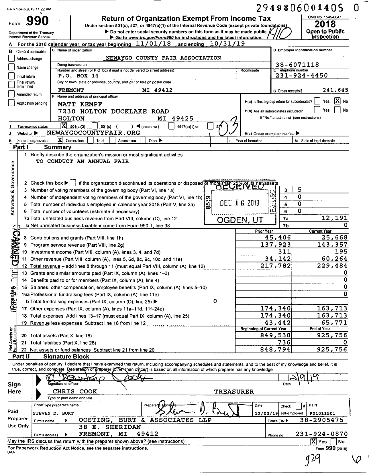 Image of first page of 2018 Form 990 for Newaygo County Fair Association