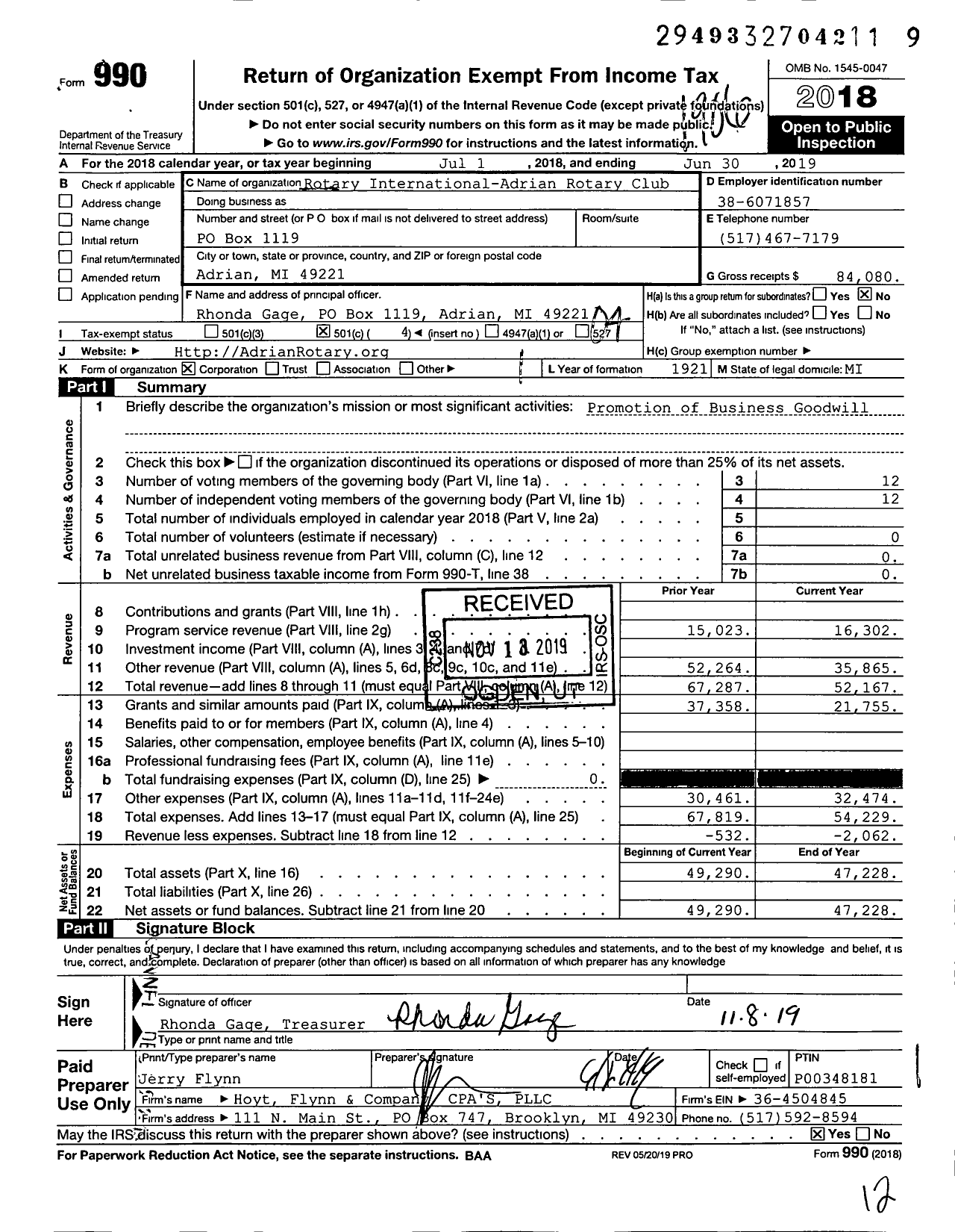 Image of first page of 2018 Form 990O for Rotary International - Adrian Rotary