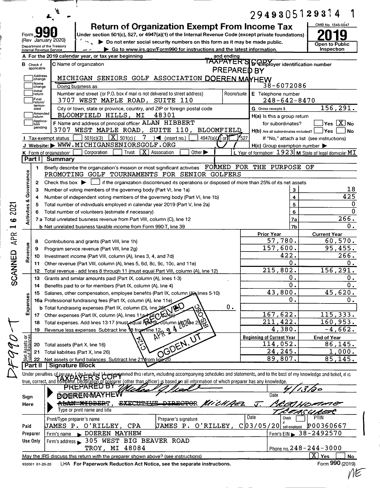 Image of first page of 2019 Form 990O for Michigan Seniors Golf Association