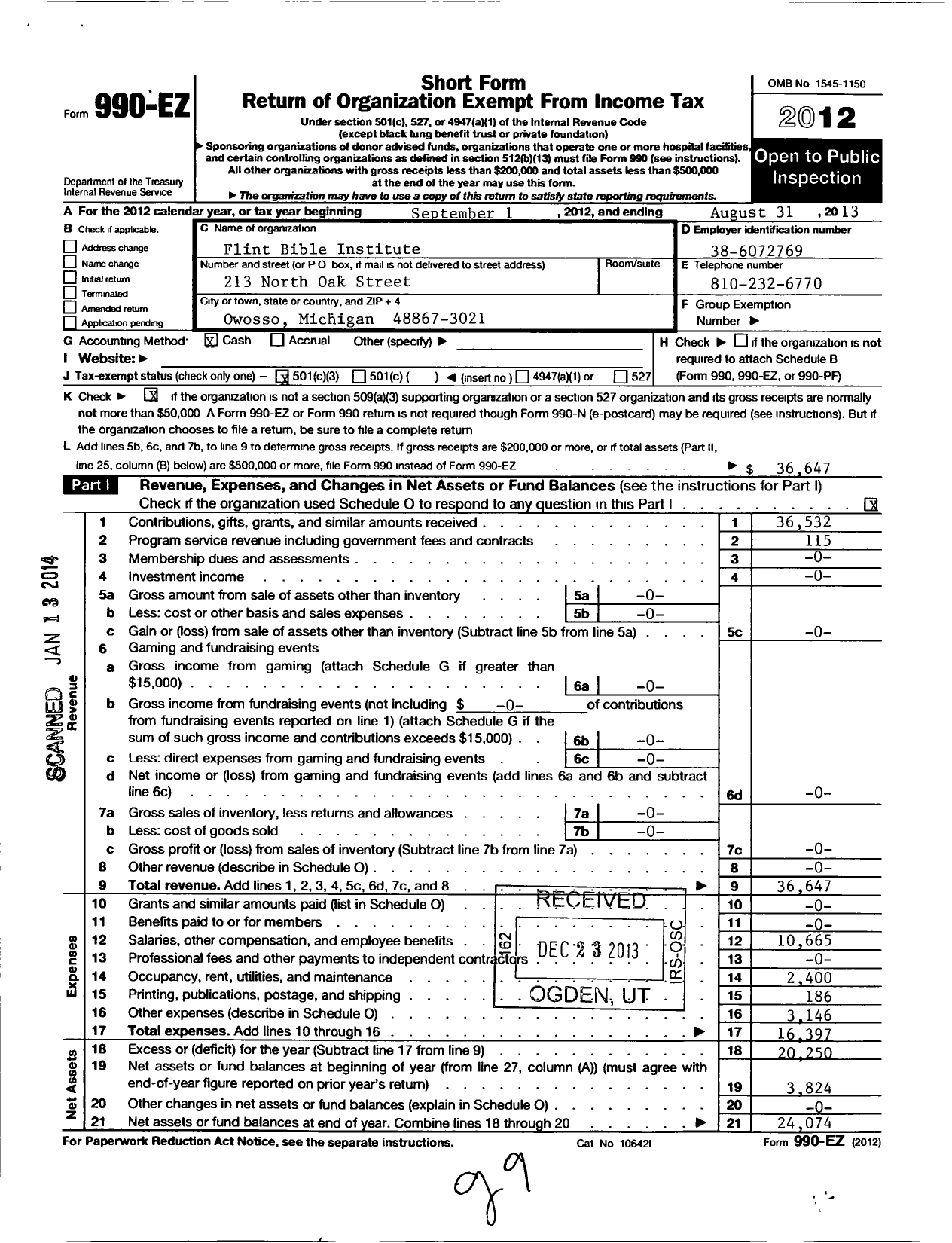 Image of first page of 2012 Form 990EZ for Flint Bible Institute