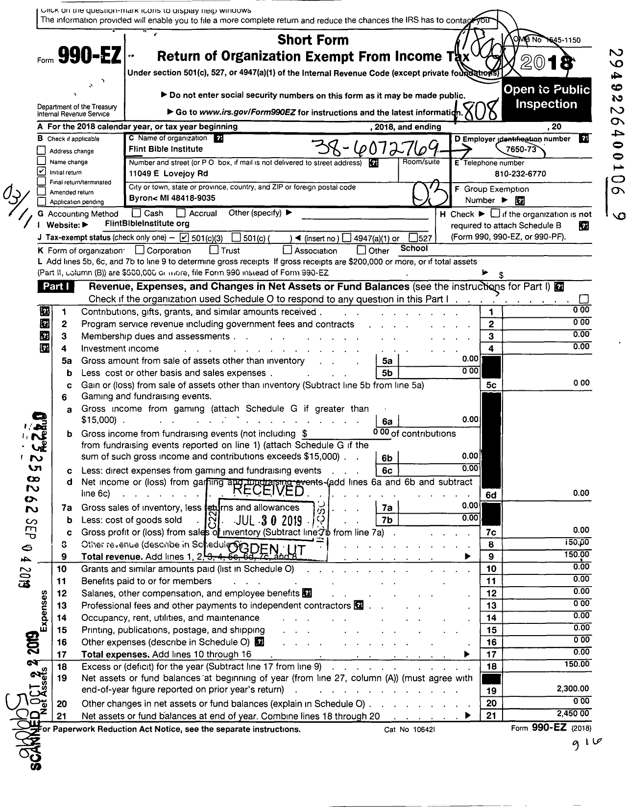 Image of first page of 2017 Form 990EZ for Flint Bible Institute