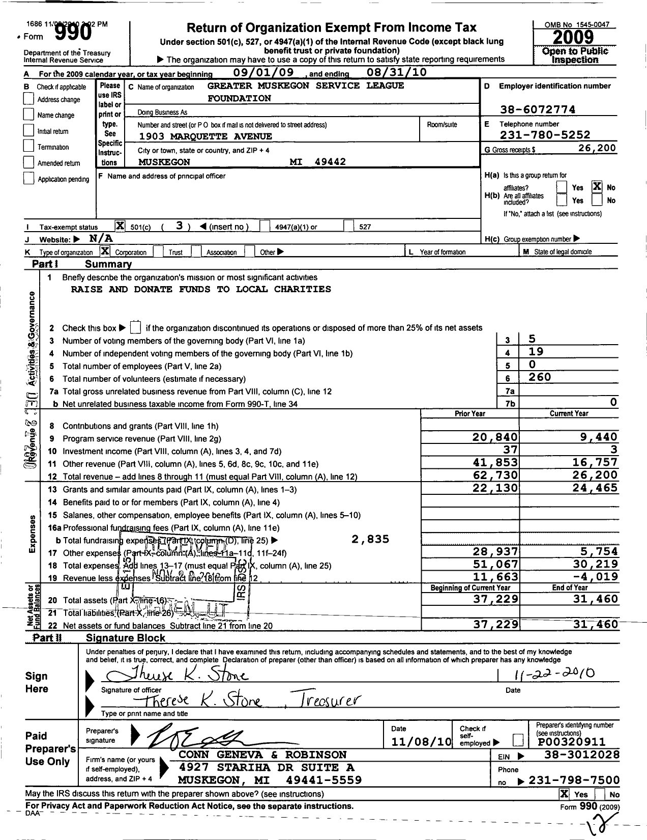 Image of first page of 2009 Form 990 for Greater Muskegon Service League Foundation