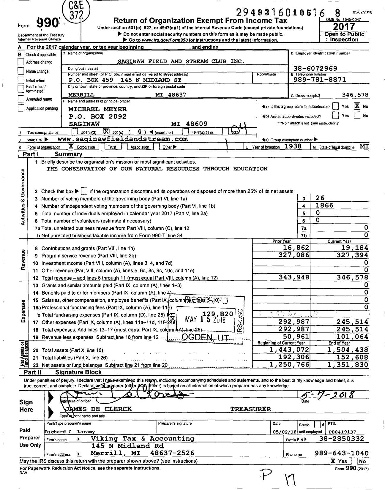Image of first page of 2017 Form 990O for Saginaw Field and Stream Club