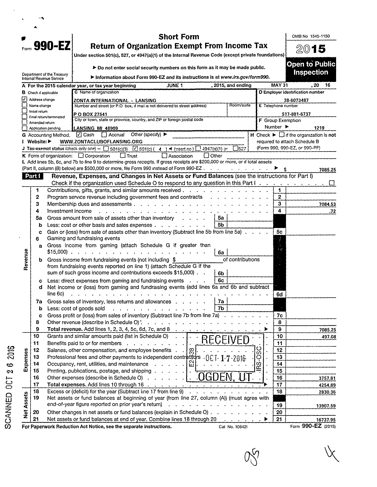 Image of first page of 2015 Form 990EO for Zonta International - Lansing