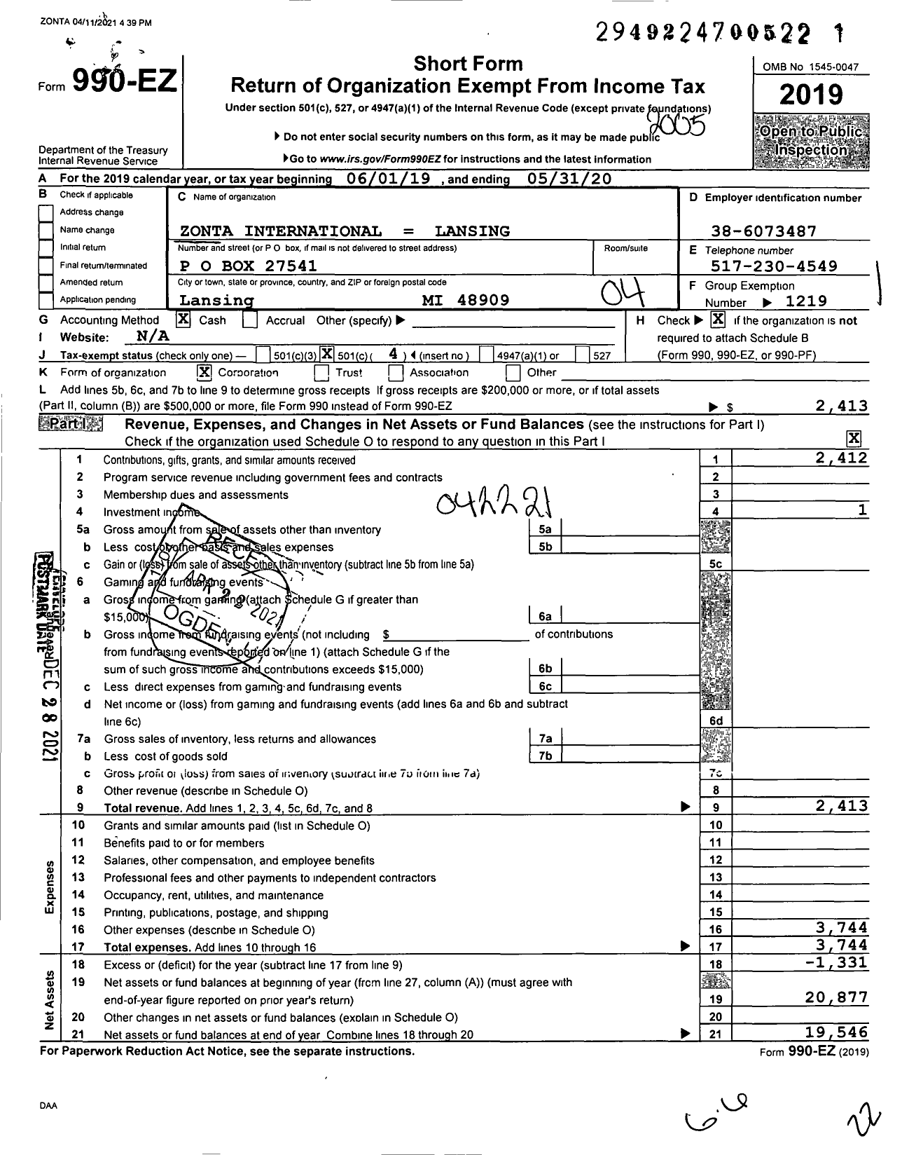 Image of first page of 2019 Form 990EO for Zonta International - Lansing