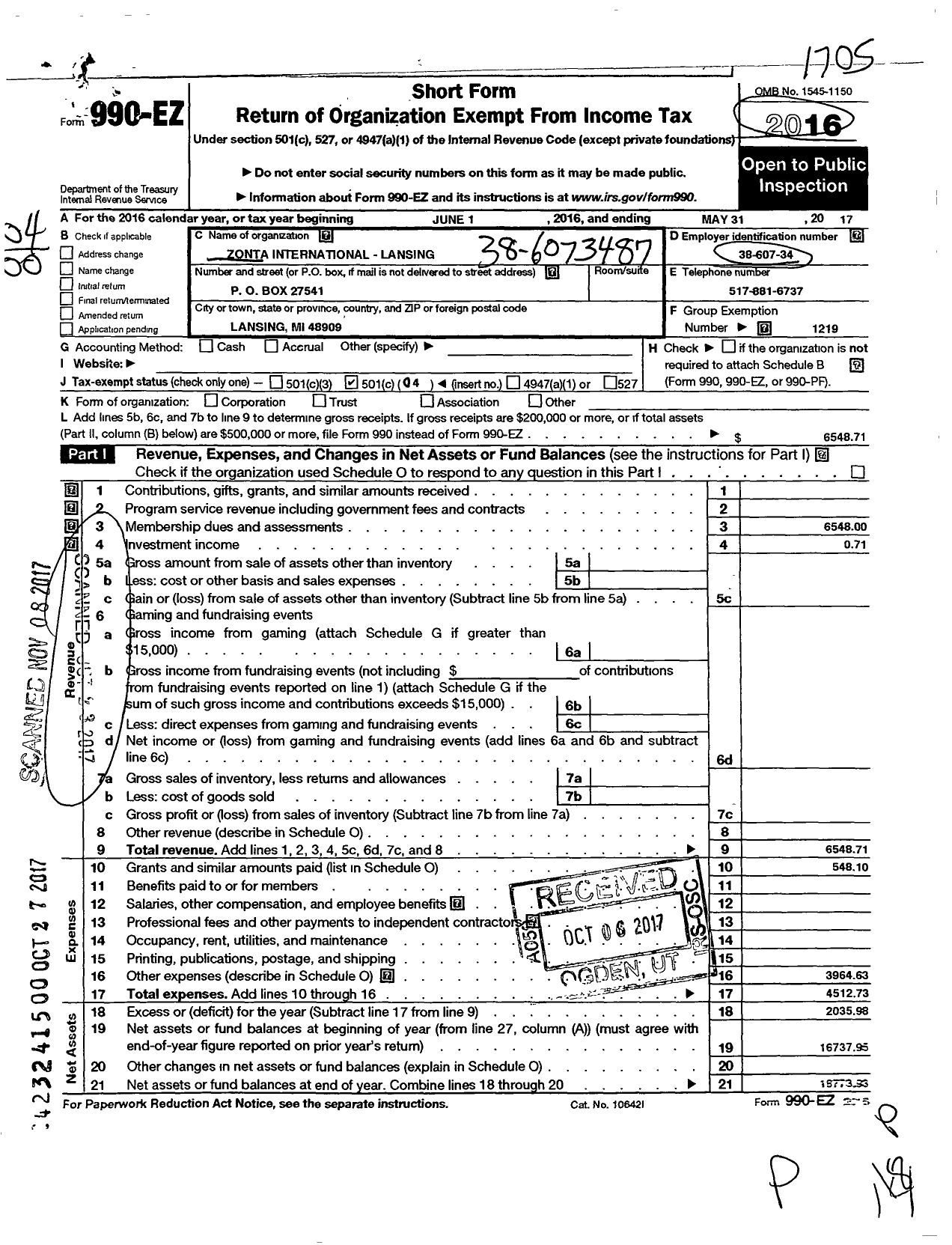 Image of first page of 2016 Form 990EO for Zonta International - Lansing