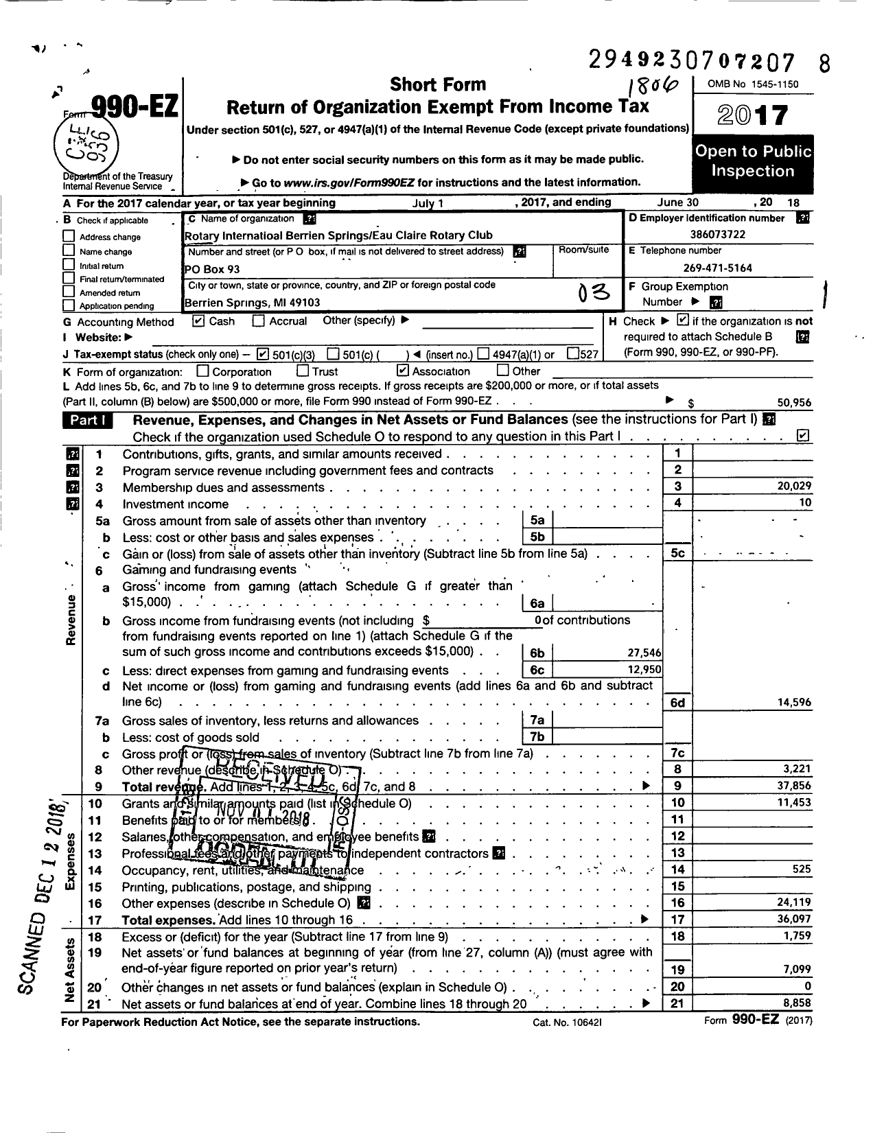 Image of first page of 2017 Form 990EZ for Rotary International - Berrien Springs Eau Claire Rotary C