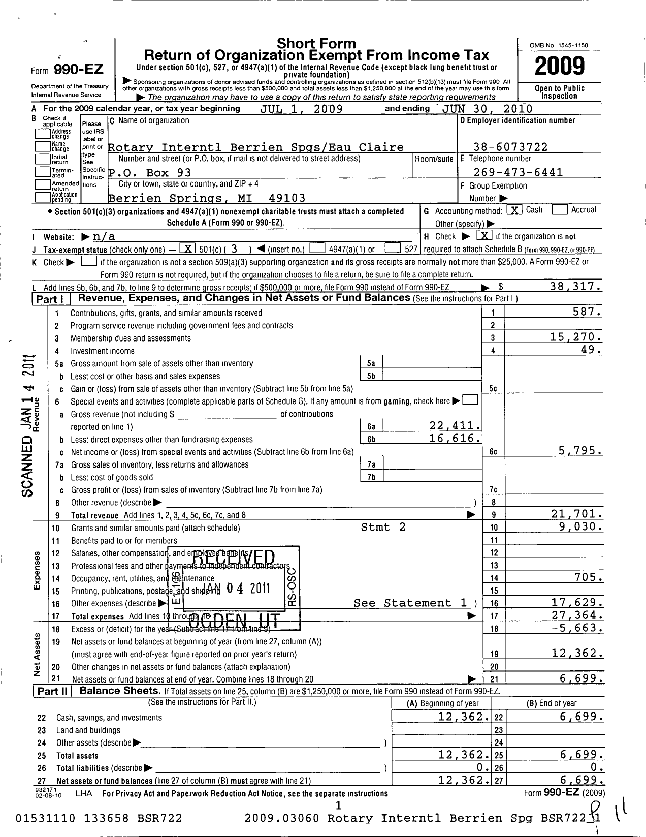 Image of first page of 2009 Form 990EZ for Rotary International - Berrien Springs Eau Claire Rotary C