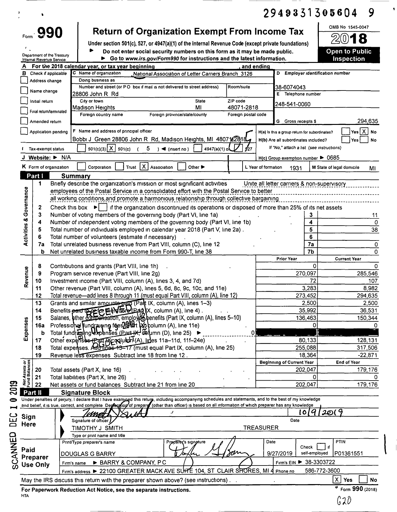 Image of first page of 2018 Form 990O for National Association of Letter Carriers - 3126 Royal Oak Michigan