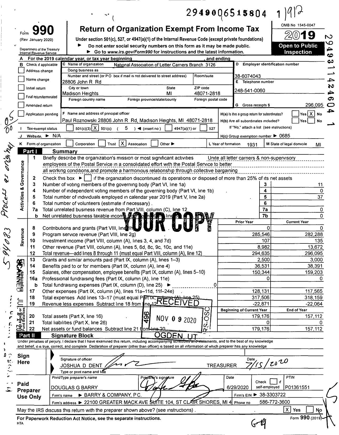 Image of first page of 2019 Form 990O for National Association of Letter Carriers - 3126 Royal Oak Michigan