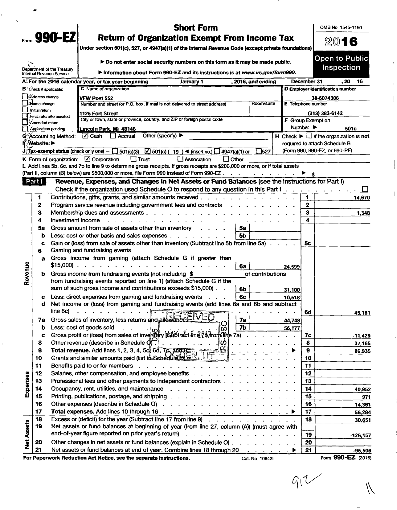 Image of first page of 2016 Form 990EO for VFW Department of Michigan - Dist 4 552 Benjamin V Goodell